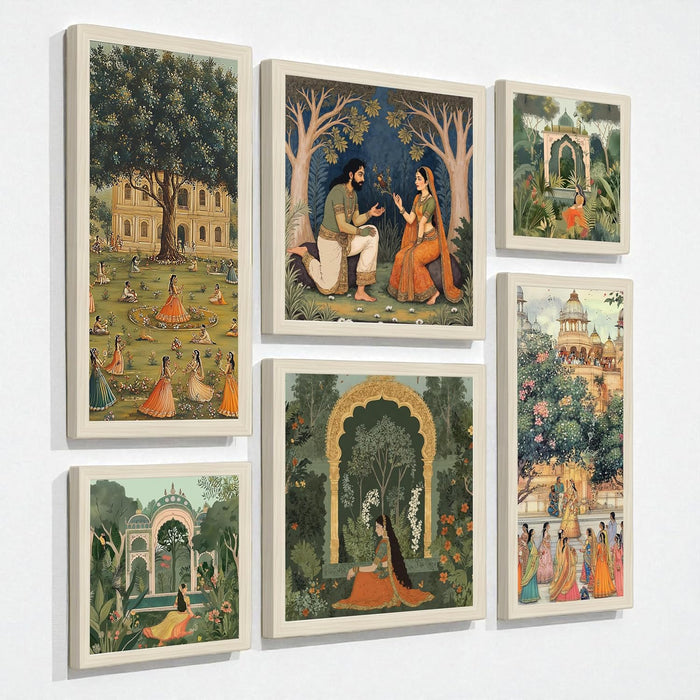 Framed Wall Art Print Pack of 6 Framed Wall Decoration Art Prints Classical Indian Garden Romantic 24x48, 34x34 and 24x24 cm