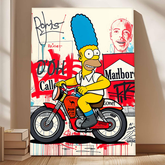 Cartoon Rider Graffiti Stretched Canvas Painting Print | Pop Art Street Style Wall Décor | Modern Abstract Wall Art for Home & Office, 56x86 cm