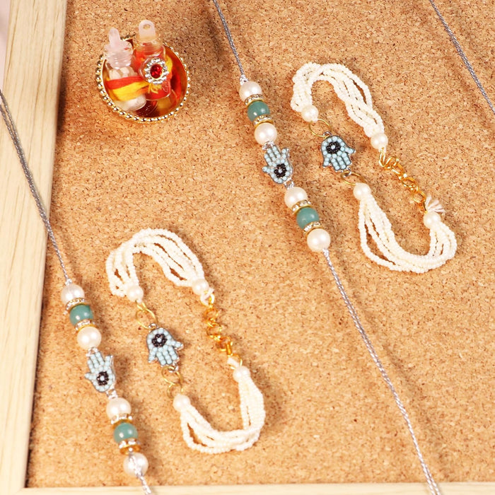 Rakhi Set for Brother and Bhabhi Premium Hand shape Rakhi with Roli and Chawal for Raksha Bandhan (Set of 3)