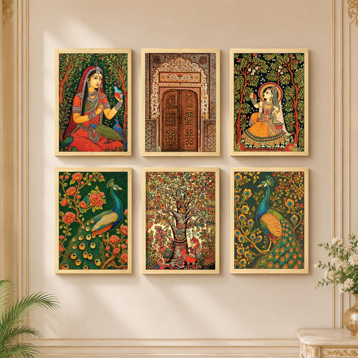 Madhubani & Folk Wall Art Painting for living room, Rajasthani Art Peacock & Floral Theme Framed Art Print for Home decoration, Bedroom, and office (Set of 6, 13x9 inch)