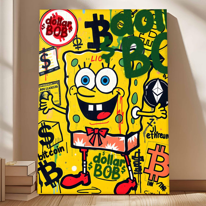 Cartoon Pop Art Stretched Canvas Painting Print| Money & Digital Currency Graffiti Wall Art | Modern Street Art for Home & Office, 56x86 cm