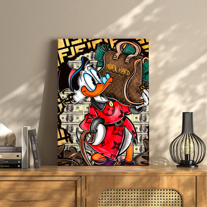 Luxury Cartoon Duck Money Pop Art Stretched Canvas Painting Print | Work Hard Success Theme Graffiti Wall Art | Modern Street Style Artwork for Home & Office, 41x56 cm