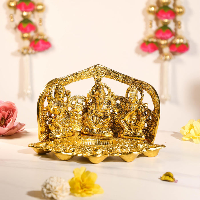 Lakshmi Ganesh Saraswati Metal Idols with 5 Diya Oil Lamp Base Traditional Brass Finished Metal Idol Set, Diwali Decoration, Temple, Brass Finished 24x14 cm