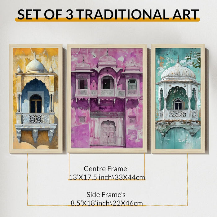 Botanicals Pichwai Framed Wall Art Painting Home Décor Pack Of 3 | Digital Scenery Painting with Frame, Set Of 3 22x46 cm, 33x44 cm