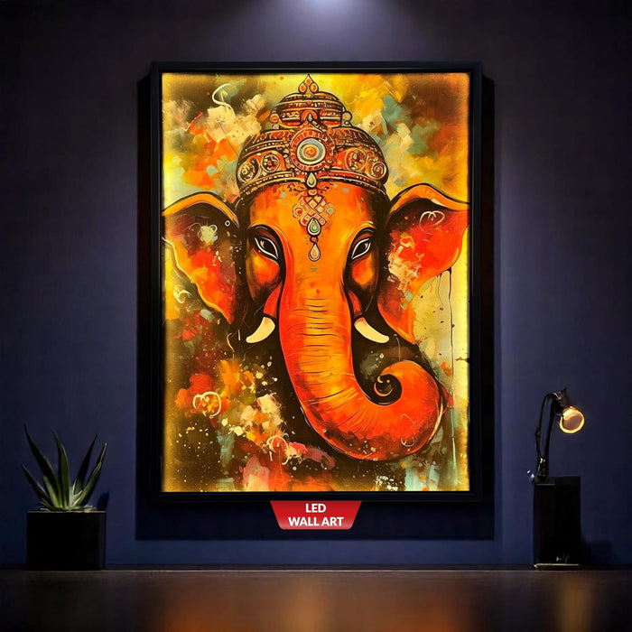 Framed Canvas Art Print with LED Light Decorative Wall Decor Canvas Wall Painting Ganesha Abstract Art 43x58 cm