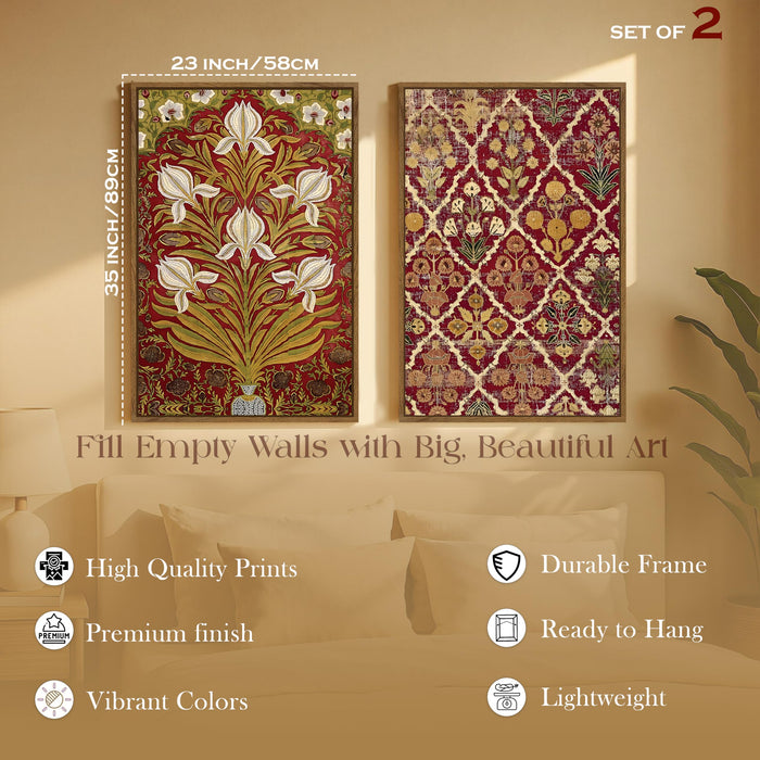Flower Pattern Mughal Canvas Floral Large Wall Art Painting for Living Room Decoration, Stylish Large Wall Art Print for Wall Decor (Set of 2, 58x89 cm)