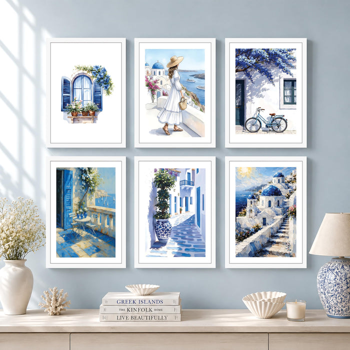 Mediterranean Village Scenery Wall Art Painting for Living Room, Blue & White Coastal Aesthetic Wooden Framed Wall Art Print for Bedroom, Office & Home Decor (Set of 6, 13x9 inch)