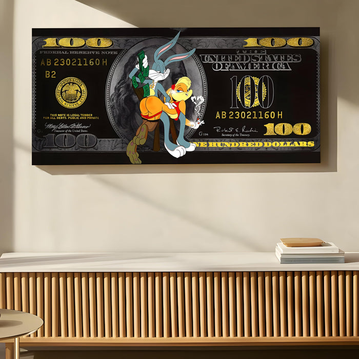 Urban Street Art Stretched Canvas Wall Decor – Modern Bill Money Background Pop Art – Edgy Lifestyle Canvas for Office, Man Cave, or Home – Gallery Wrapped, 22x46 Inch