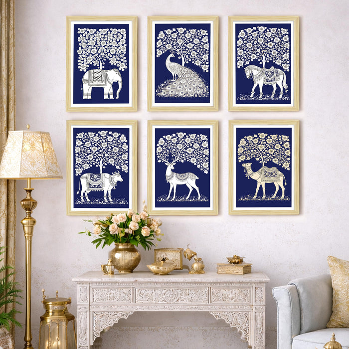 Traditional Indian Folk Painting With Frame for living room, Tree of Life Animal Framed Wall Art Painting for Home Decor Set of 6, Size 9.5 by 12.5 Inch