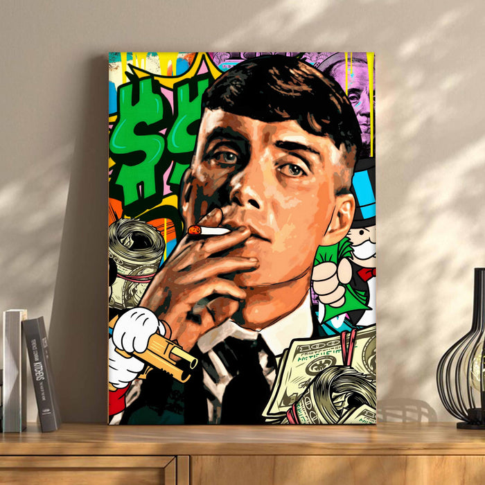Bold Street Pop Art Gentleman Smoking Stretched Canvas Painting Print| Money & Power Graffiti Wall Art | Modern Luxury Wall Décor for Home & Office, 41x56 cm