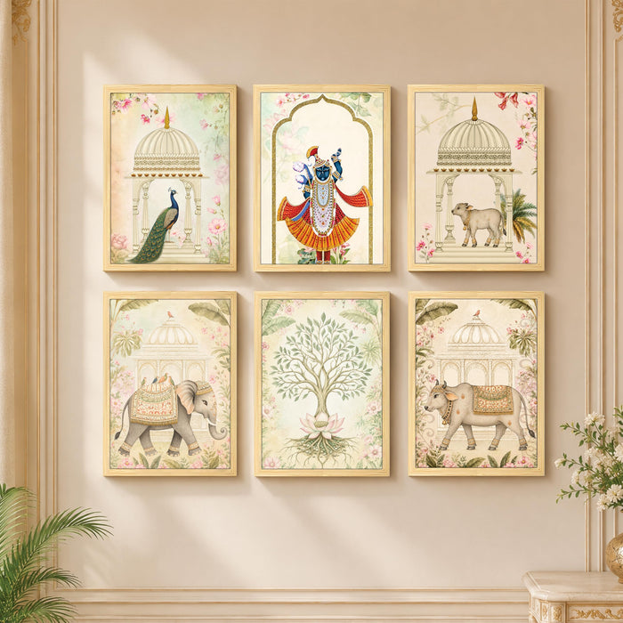 Traditional Shrinathji Pichwai Wall Art Painting, Holy Cow, Elephant & Tree of Life Theme Wooden Framed Wall Art Print for Living Room, Bedroom & Home Decor (Set of 6, 13x9 inch)