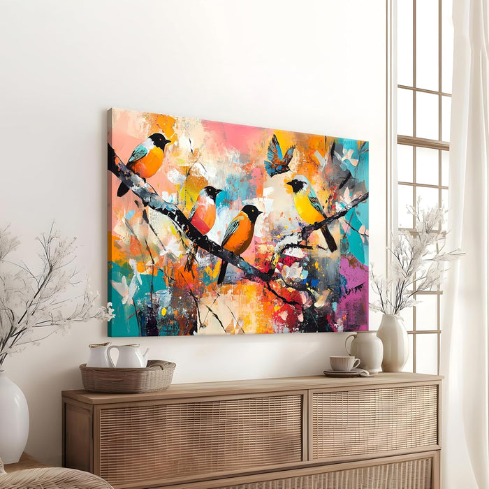 Landscape Abstract Canvas Wall Art Painting Birds Standing on Branch Multicolor | Digital Painting on Canvas Stretched on Wood (22x34 Inch)