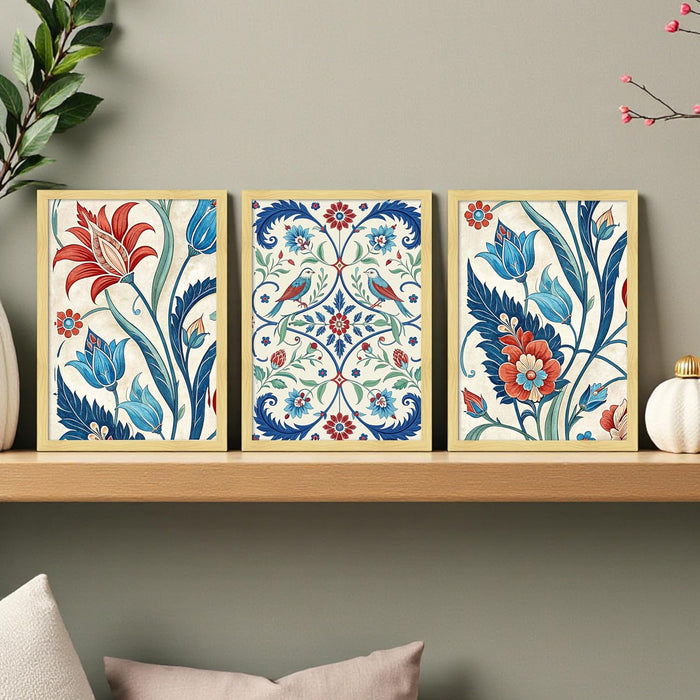 Framed Art Print Set of 3 Floral and Birds Turkish and Islamic Wall Art Prints Madhubani Inspired Indian Prints 30x41 cm