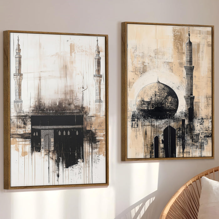 Kaaba Abstract Minimalist Stretched Canvas Painting Islamic Large Wall Art Painting for Living Room Decoration, Stylish Large Wall Art Print for Wall Decor (Set of 2, 58x89 cm)