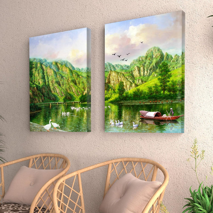Art Street Stretched Canvas Painting Duck in the lake Mountain Landscape  Printed For Living Room Decoration (Set of 2, Size: 16x22 Inch)