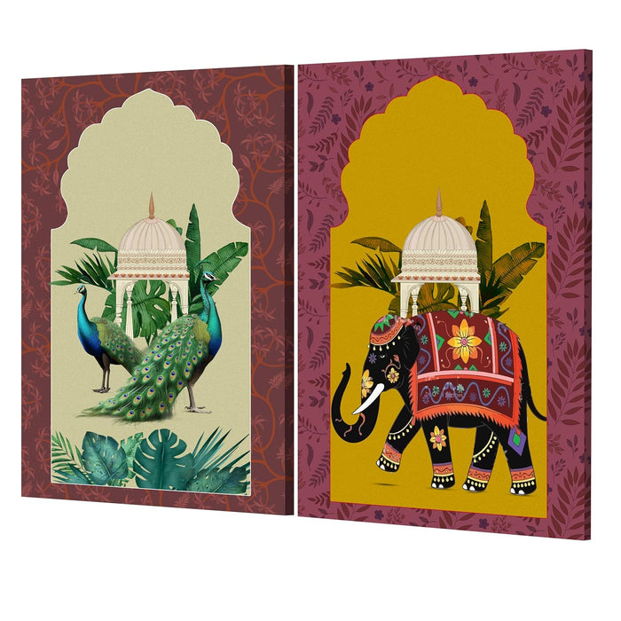 Art Street Set of 2 Stretched Canvas Painting Traditional Mughal Elephant and Peacock for Home Decor, Living Room, Wall Hanging, (Size: 12x16 Inch)