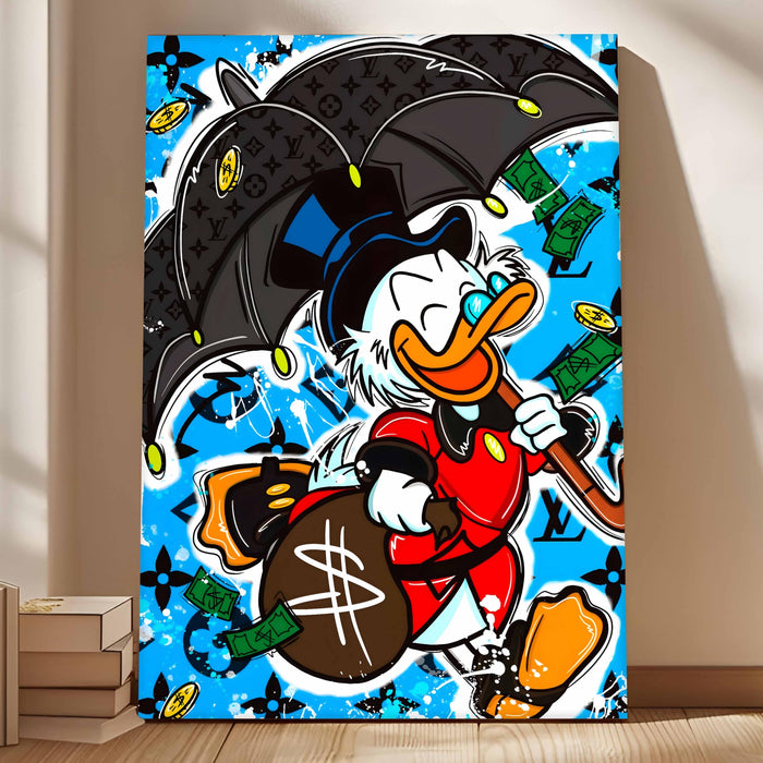 Luxury Cartoon Duck Pop Art Stretched Canvas Painting Print | Money & Success Theme Street Art Wall Décor | Modern Graffiti Style Artwork for Home & Office, 56x86 cm