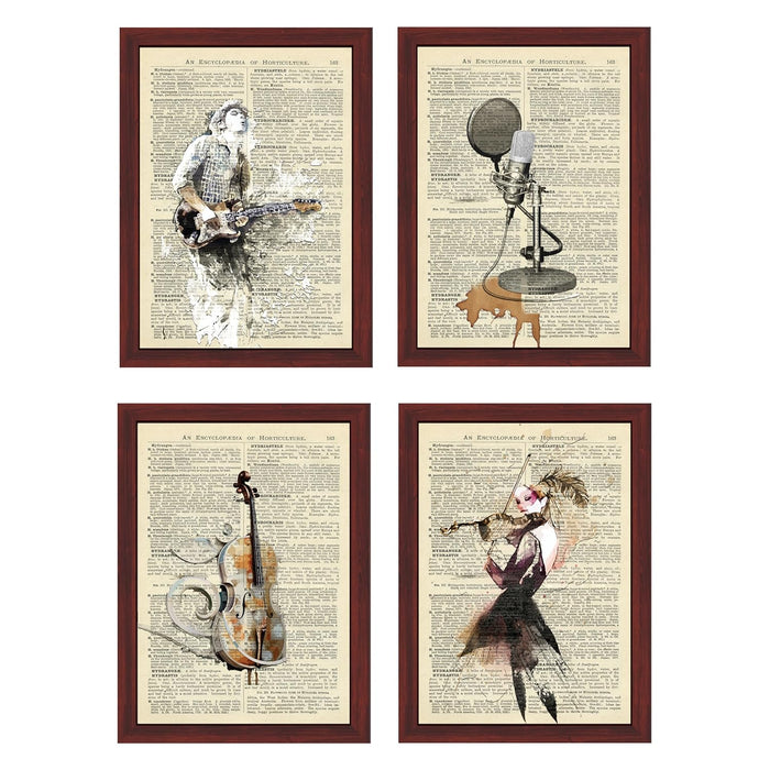 Art Street Dictionary Wall Art Prints Textured Musical Instrument Theme, Framed Posters for Home Décor & Wall Decoration for Living Room (Set of 4, 12.6 X 9.2 Inch)