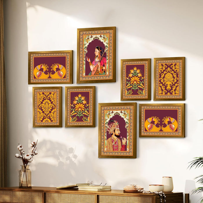 Art Street Set of 8 Indian Folk Wall Art Royal Prince with Queen Palace Painting For Home (Size: 9.3x12.7 & 12.7x17.5 Inch)