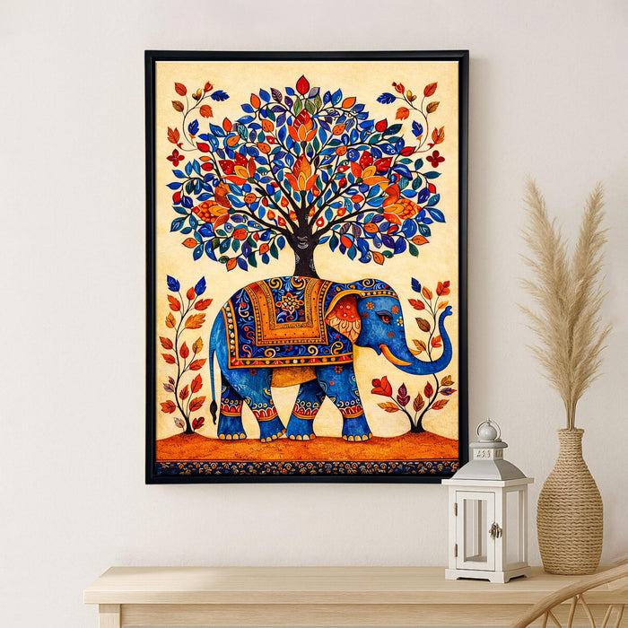 Madhubani Elephant Framed Canvas Painting for Living Room Wall Decor, Tree of Life Indian Traditional Vastu Framed Canvas Wall Art for Vastu Place Bedroom Home Hallways Office Hotel, Size 43x58 cm