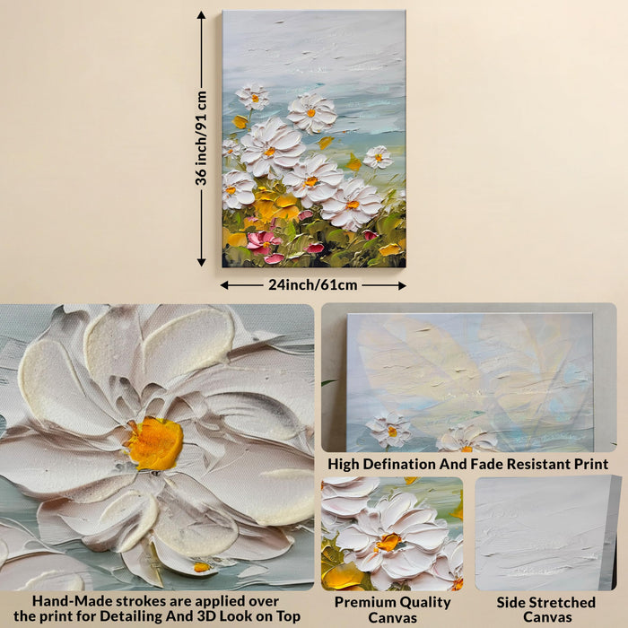 Stretched Canvas Wall Art Abstract White Daisy Flower 3D Paintings Vastu Hand Painted Abstract Canvas Painting for Living Room Art 3D Textured Floral Positive Wall Paintings 61x91 cm