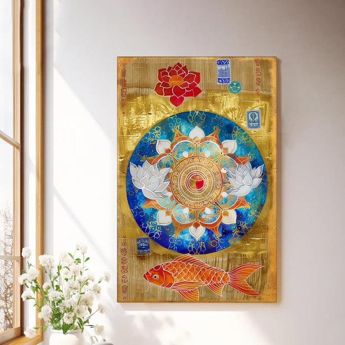 Abstract Mandala Art of Lotus and Koi Fish Multicolor Wall Art on Stretched Canvas – Frameless Unframed Gallery Wrap Canvas Wall Art 22x34 Inch