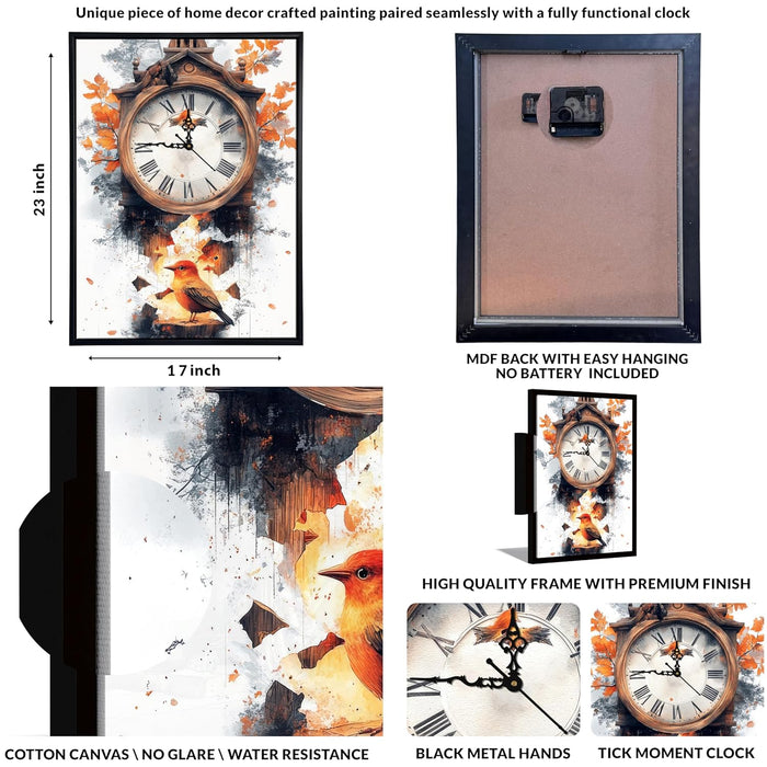 Portrait Abstract Cuckoo clock with bird Multicolor Framed Canvas wall art With Clock | Painting with clock, 43x58 cm