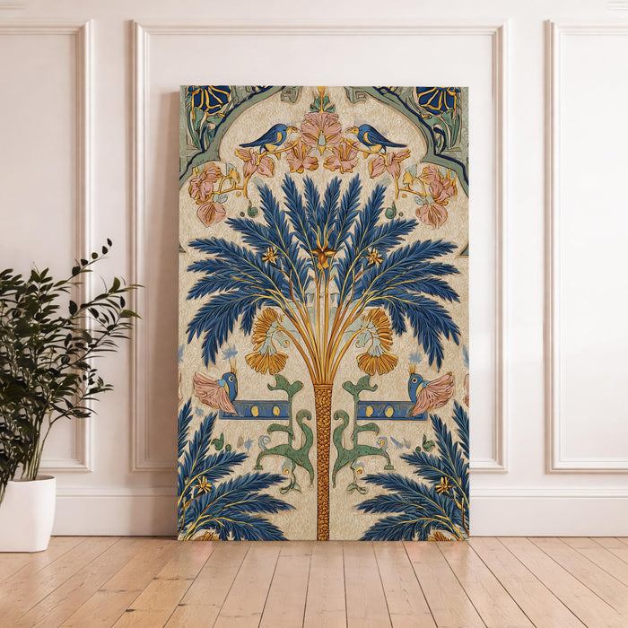 Mughal Botanical Stretched Canvas Painting For Living Room | Royal Palm Garden Stretched Canvas Wall Art For Livingroom Home Decor, Bedroom, Hallway's, Office, Hotel - 56x86 cm