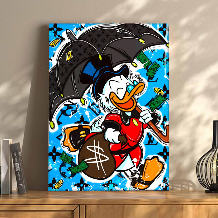 Luxury Cartoon Duck Pop Art Stretched Canvas Painting Print | Money & Success Theme Street Art Wall Décor | Modern Graffiti Style Artwork for Home & Office, 41x56 cm