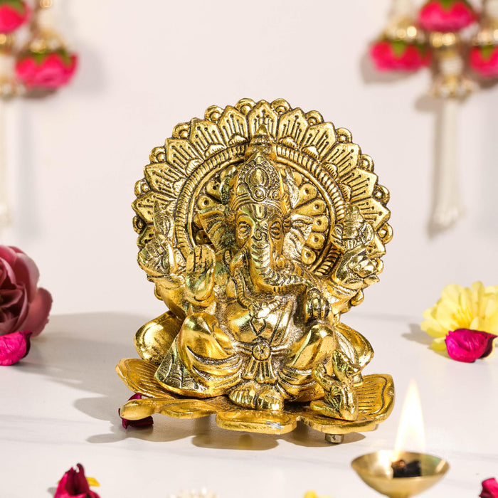Metal Ganesha Sitting Idol on Lotus Traditional Ganesha Brass Finished Idol Diwali Decoration, Brass Finished, Handcrafted Design 14x16 cm