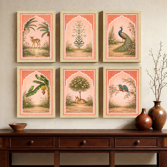 Mughal Miniature Painting With Frame for living room, Royal Flower garden Framed Wall Art Painting for Home Decor Set of 6, Size 9.5 by 12.5 Inch