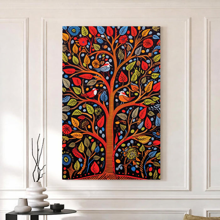 Madhubani Tree of Life Stretched Canvas Painting For Living Room | Indian Folk Tropical Stretched Canvas Wall Art For Livingroom Home Decor, Bedroom, Hallway's, Office, Hotel - 56x86 cm