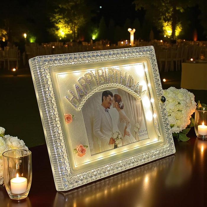 Art Street Happy Birthday Led Couple Photo Frame with Rectangle Mat, Table Top LED Photo Frame, Size: 4x6 Inch