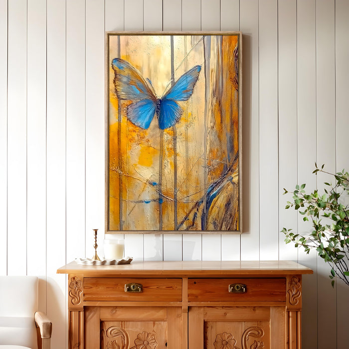 Large Canvas Painting Panel Framed Wall Art Print Blue Butterfly Framed Luxury Paintings for Home Décor (Blue, 23x35 Inch)