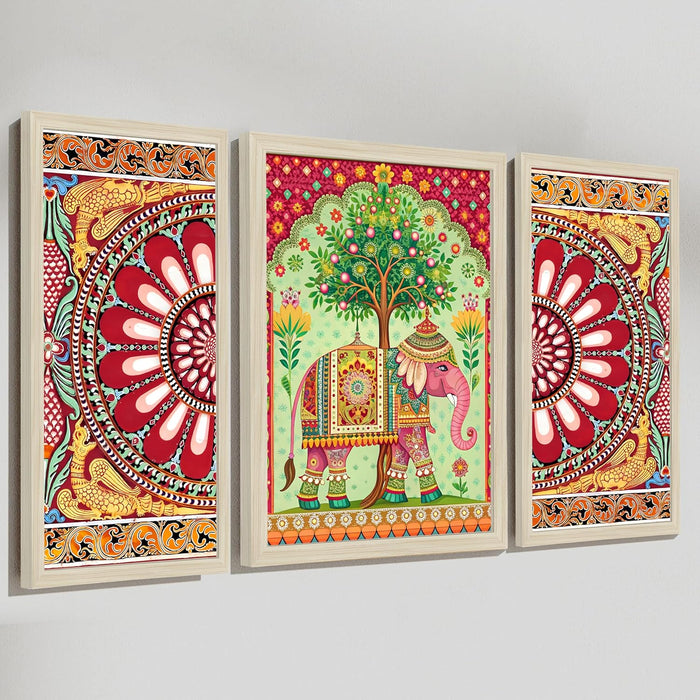 Elephant and Flowers Madhubani Framed Wall Art Painting Home Décor Pack Of 3 | Digital Scenery Painting with Frame | Suits for Hallways, Living Room, Office Set Of 3 22x46 cm, 33x44 cm