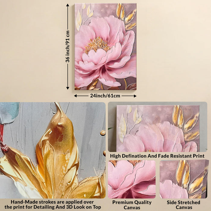 Stretched Canvas Pink Peony Wall Art Painting Abstract Floral Canvas 3D Textured Painting for Living Room Abstract Paintings for Bedroom Office Wall Décor Hand Painted Art 61x91 cm