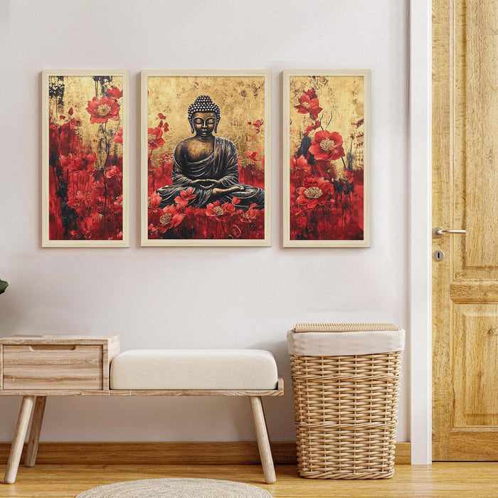 Buddha Floral Abstract Framed Wall Art Painting Home Décor Pack Of 3 | Digital Scenery Painting with Frame, Office Set Of 3, 22x46 cm, 33x44 cm