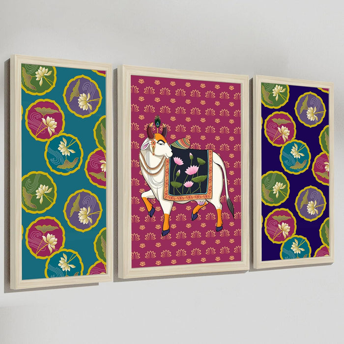 Pichwai Framed Wall Art Painting Home Décor Pack Of 3 | Digital Scenery Painting with Frame, Set Of 3, 22x46 cm, 33x44 cm