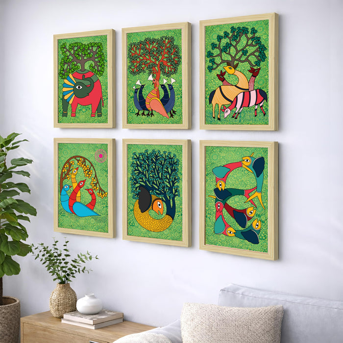 Gond tribal Art Painting With Frame for living room, Traditional Indian Folk Framed Wall Art Painting for Home Decor Set of 6, Size 9.5 by 12.5 Inch