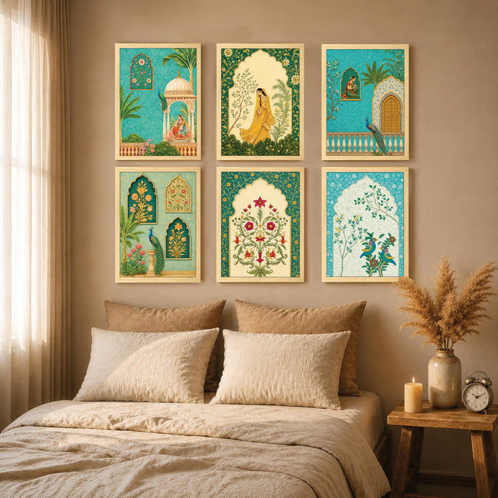 Mughal Jharokha Royal Queen Wall Art Painting, Traditional Turquoise Arch, Peacock & Floral Theme Wooden Framed Wall Art Print for Living Room & Home Decor (Set of 6, 13x9 inch)
