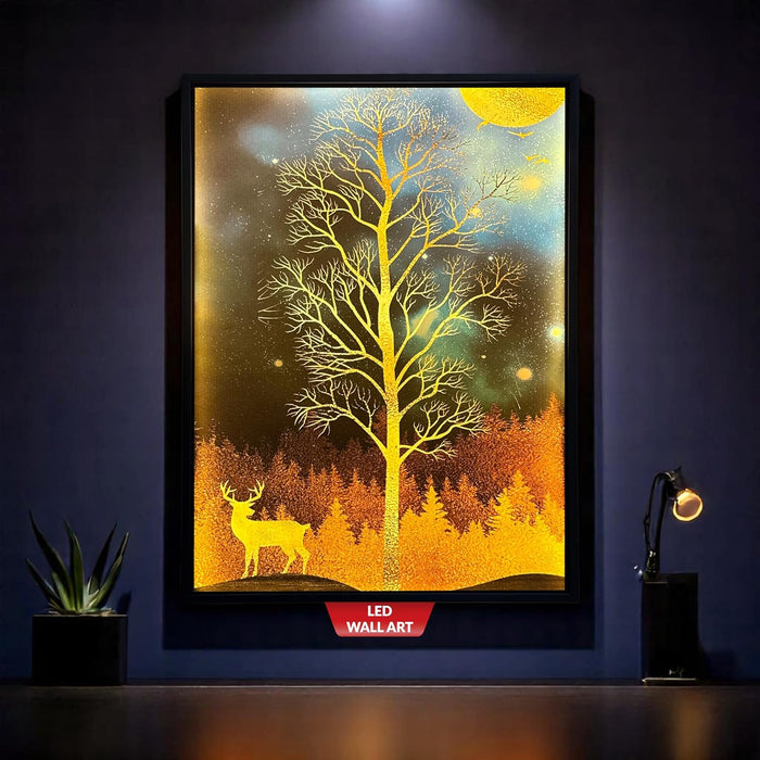 Framed Canvas Art Print with LED Light Decorative Canvas Wall Painting, Deer and Tree in Front of the Moon Wall Decor 43x58 cm