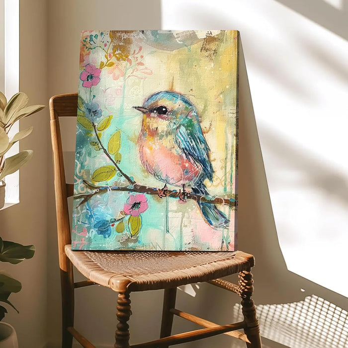 Soft Pastel Art of Bird and Flower in Blue, Pink, and Yellow | Digital Painting On Canvas Stretched on Wood (16x22 Inch)