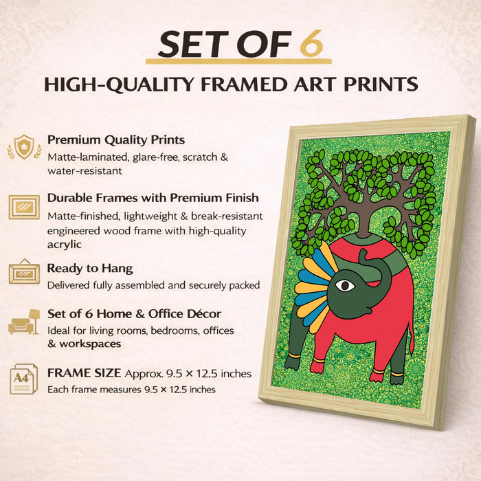 Gond tribal Art Painting With Frame for living room, Traditional Indian Folk Framed Wall Art Painting for Home Decor Set of 6, Size 9.5 by 12.5 Inch