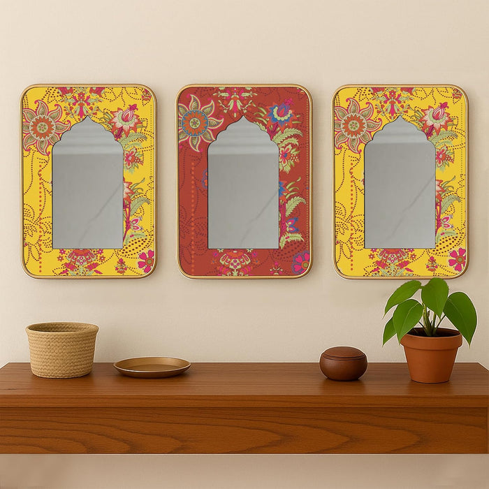 Decorative Jharokha Acrylic Mirror Set of 3 Blue Yellow and Green Floral Pattern Printed Gold Metal Finish Décor Mirror (8.2x12.2 Inches)