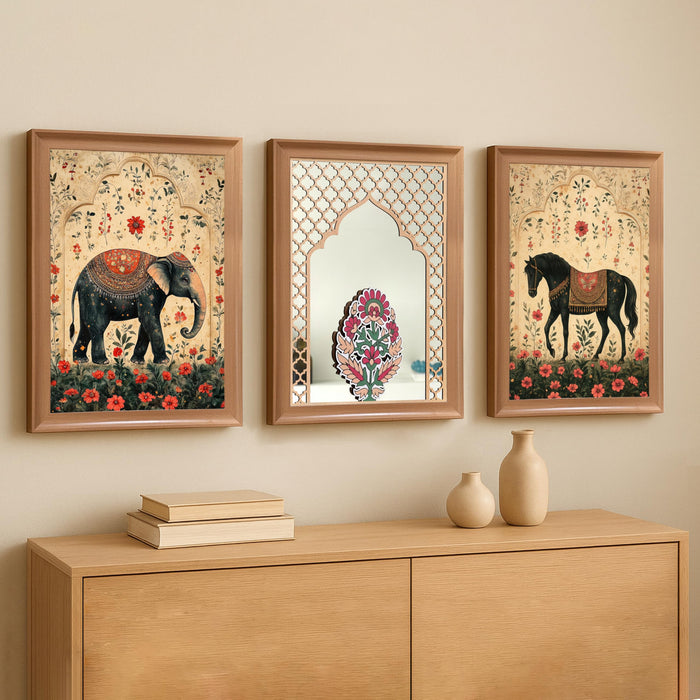 Framed Floral Wall Art with Decorative Mirror Wall Decor Items with Jali Jharoka Mirror | A3 Elephant and Horse Vastu Painting Set Framed Prints 35x45 cm