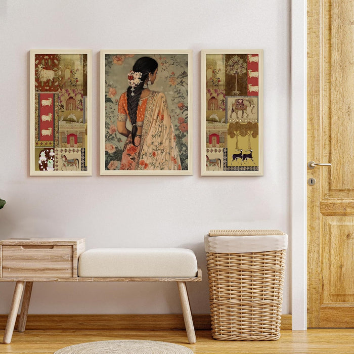 Botanicals Pichwai Framed Wall Art Painting Home Décor Pack Of 3 | Digital Scenery Painting with Frame, Set Of 3 22x46 cm, 33x44 cm