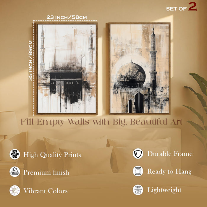 Kaaba Abstract Minimalist Stretched Canvas Painting Islamic Large Wall Art Painting for Living Room Decoration, Stylish Large Wall Art Print for Wall Decor (Set of 2, 58x89 cm)