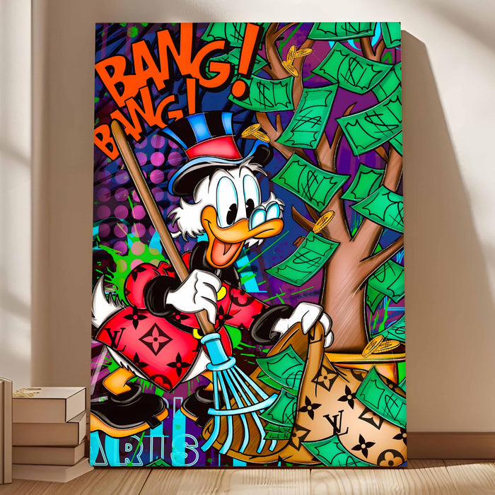 Bang Bang Hustle Pop Art Stretched Canvas Painting Print | Money Tree Street Art Wall Décor | Bold Motivational Artwork for Modern Home & Office, 56x86 cm