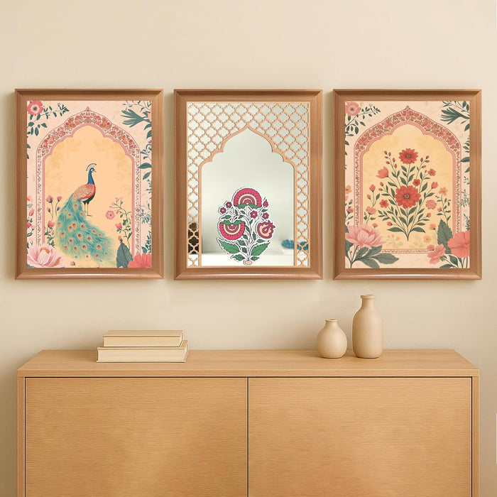 Framed Madhubani Floral Wall Art and Decorative Mirror Set | A3 Indian Paintings | 12x16 Art Prints with Jharoka Mirror Decor | 35x45 cm