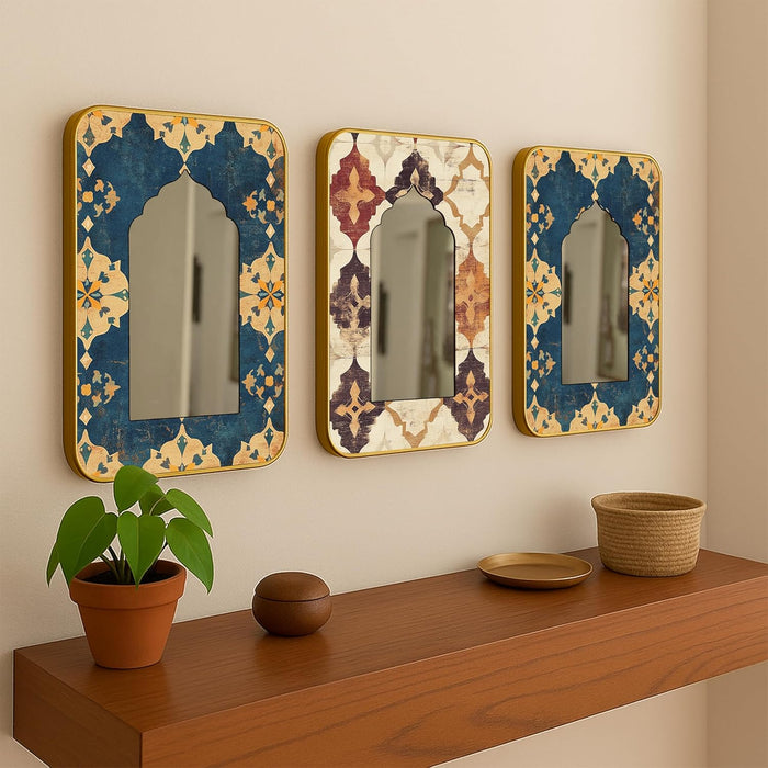 Decorative Jharokha Acrylic Mirror Set of 3 Abstract Flowers Printed Gold Metal Finish Décor Mirror (8.2x12.2 Inches)